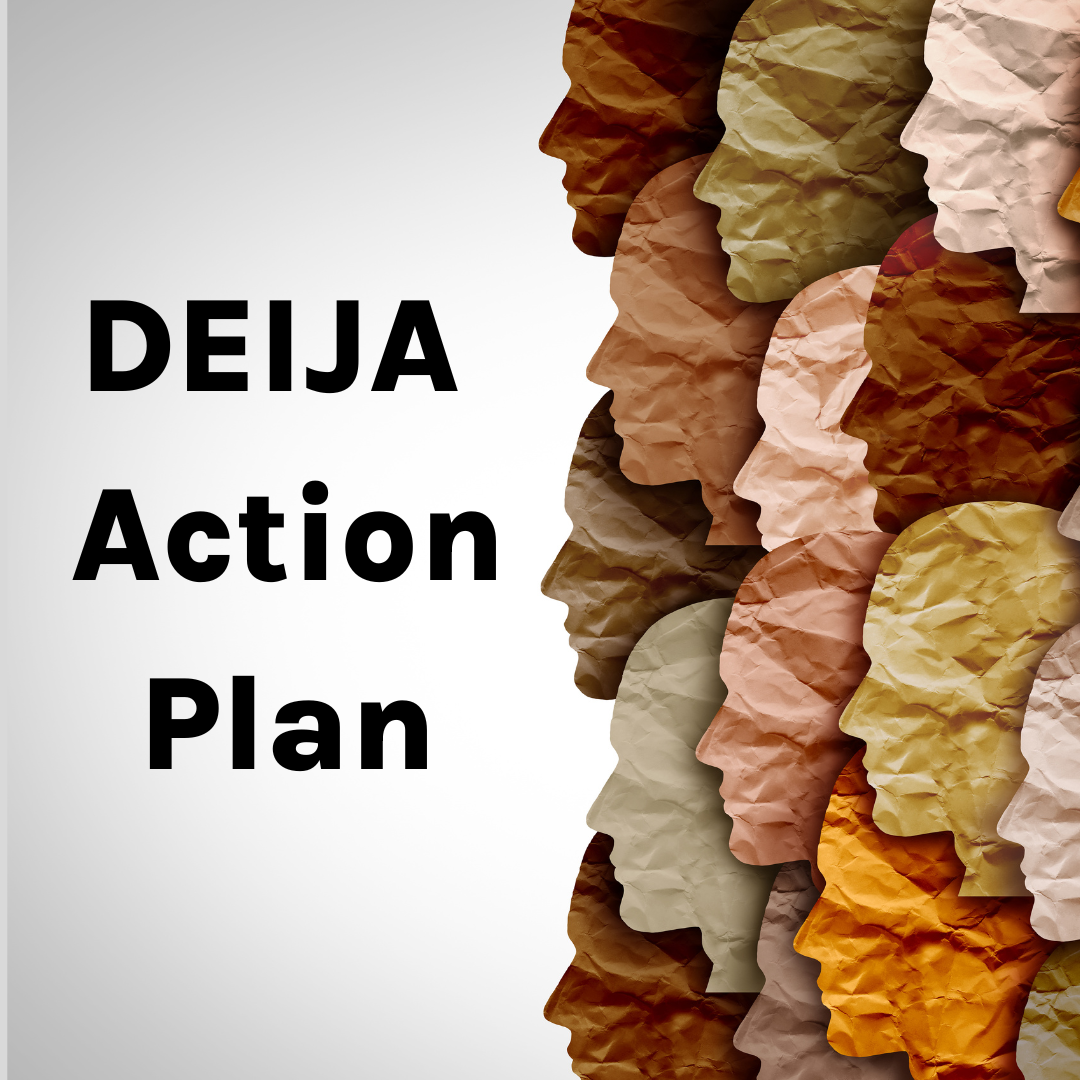 Text reads DEIJA Action plan on the left.  On the right there are paper crinkled side silhouettes in a variety of skins colors 