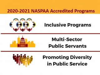 The graphic is titled 2020-2021 NASPAA Accredited Programs. It includes 3 panels with graphics, one each for Inclusive Programs, Multi-Sector Public Services, and Promoting Diversity in Public Service.