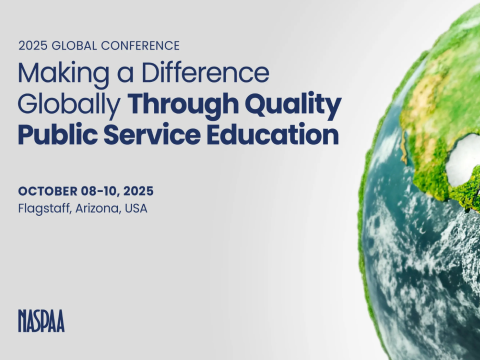 2025 Global Conference Making a Difference Globally Through quality Public Service Education, Oct 8-10 2025, Flagstaff AriZona USA Image of a globe that mostly shows US