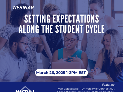 Text Webinar Setting Expectations along the Student Cycle over image of students around a laptop. March 26,2025 1-2pm ET NASPAA Logo, Name of Participants, Zoom info