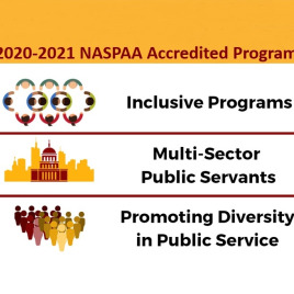 The graphic is titled 2020-2021 NASPAA Accredited Programs. It includes 3 panels with graphics, one each for Inclusive Programs, Multi-Sector Public Services, and Promoting Diversity in Public Service.