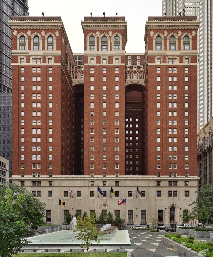 Image of the Omni William Penn Hotel, Red brick, 3 columns of windows