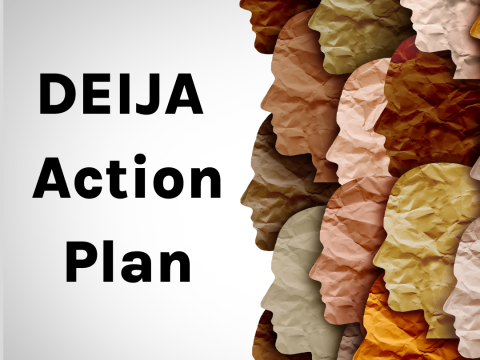 Text reads DEIJA Action plan on the left. On the right there are paper crinkled side silhouettes in a variety of skins colors